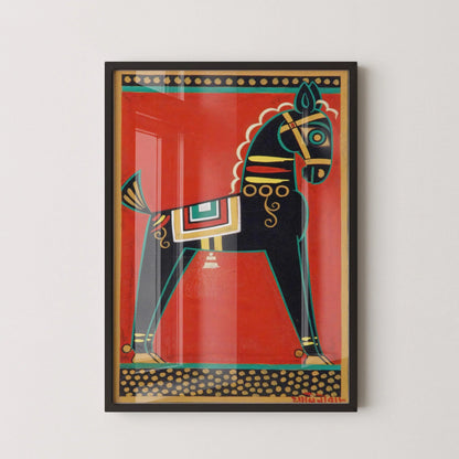 Jamini Roy - Cheval noir (Kalo Ghora) | Art bengali (disponible encadré à la main ou non encadré)