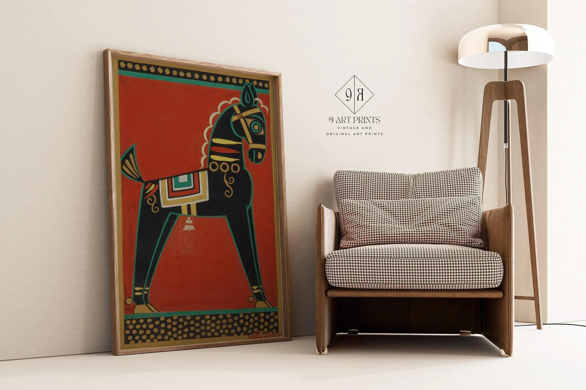 Jamini Roy - Cheval noir (Kalo Ghora) | Art bengali (disponible encadré à la main ou non encadré)