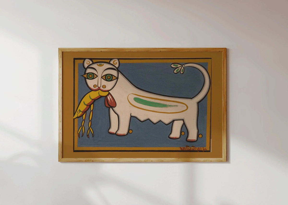 Jamini Roy - Chat et Crevette | Art Bengali (disponible encadré à la main ou sans cadre)