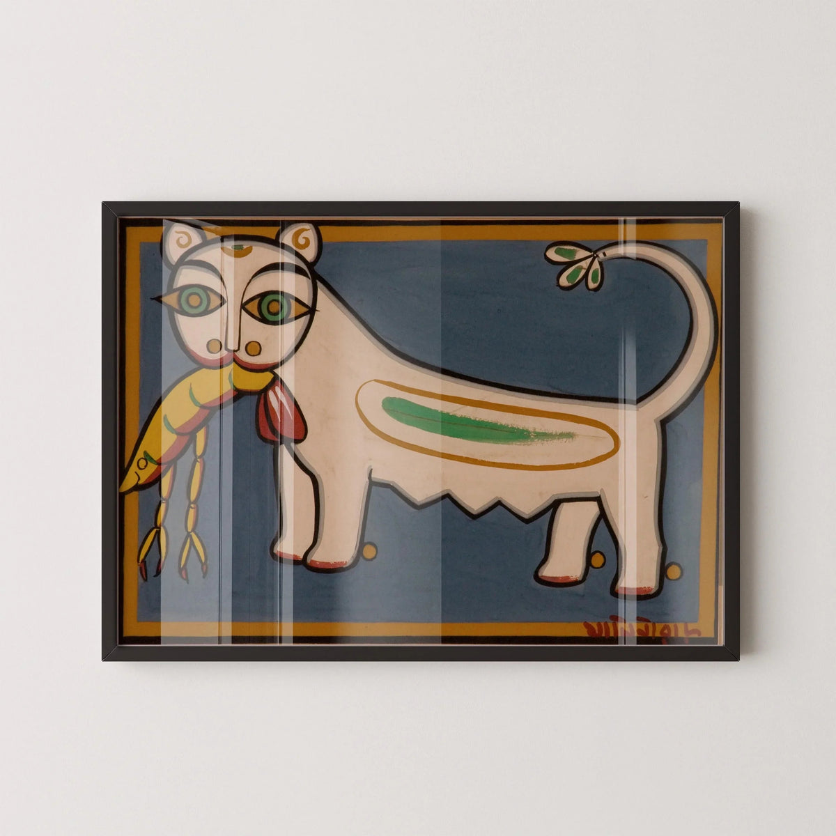 Jamini Roy - Chat et Crevette | Art Bengali (disponible encadré à la main ou sans cadre)