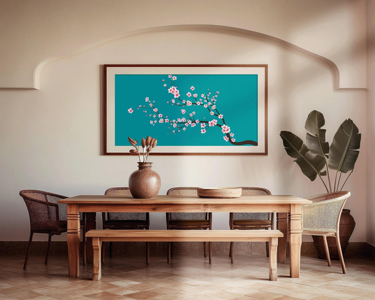 Cherry Blossom Panoramic Art Print: Aquamarine Teal Blue Sakura (2x1)