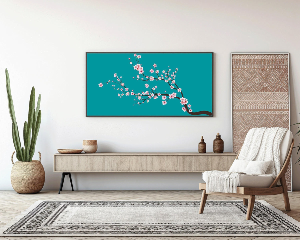 Cherry Blossom Panoramic Art Print: Aquamarine Teal Blue Sakura (2x1)