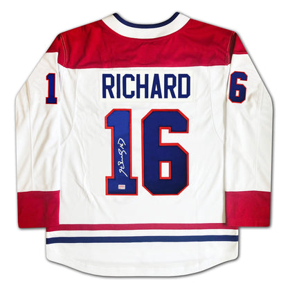 MAILLOT BLANC DES CANADIENS DE MONTRÉAL AUTOGRAPHÉ PAR HENRI RICHARD – OBJET DE COLLECTION DE HOCKEY DE LA LNH SIGNÉ (TAILLE L OU XL)