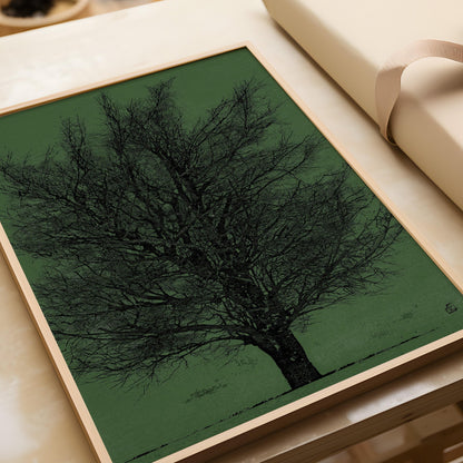 Estampe de Joichi Hoshi : gravure sur bois japonaise vintage, vert et noir