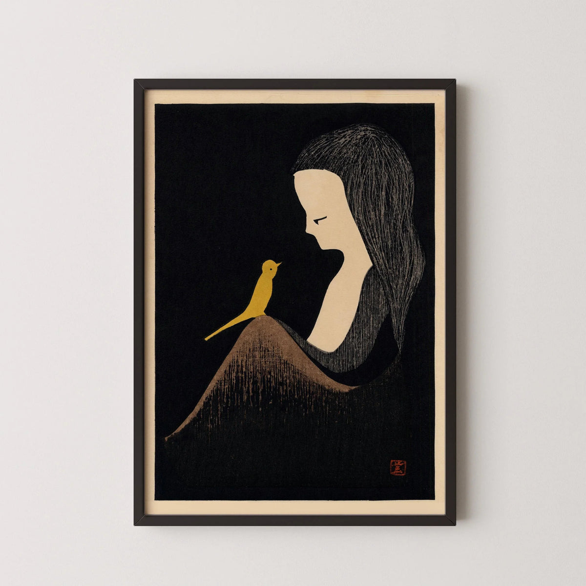 Kaoru Kawano Japanese Woodblock Print: Girl with Yellow Bird, Giclee Art
