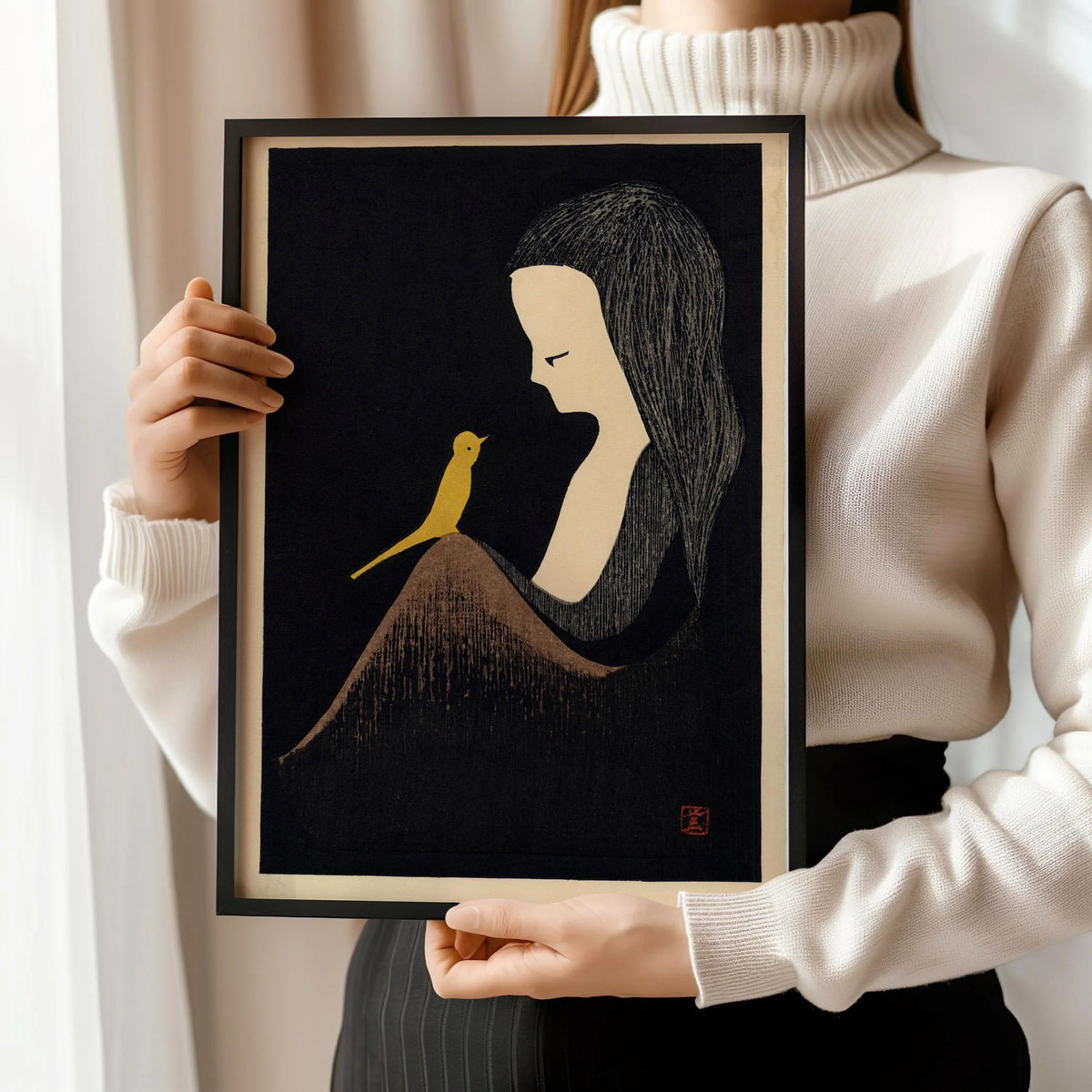 Kaoru Kawano Japanese Woodblock Print: Girl with Yellow Bird, Giclee Art