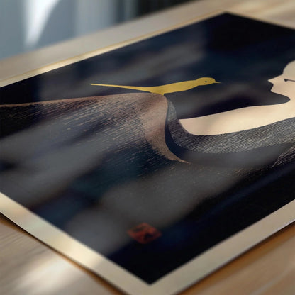 Kaoru Kawano Japanese Woodblock Print: Girl with Yellow Bird, Giclee Art
