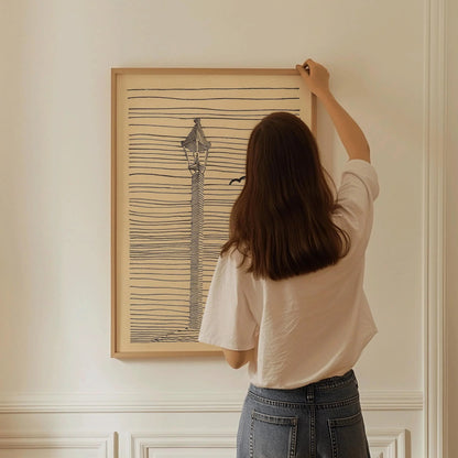 Karl Wiener - Lanterne et trois oiseaux | Art esquissé minimaliste beige (disponible encadré à la main ou non encadré)