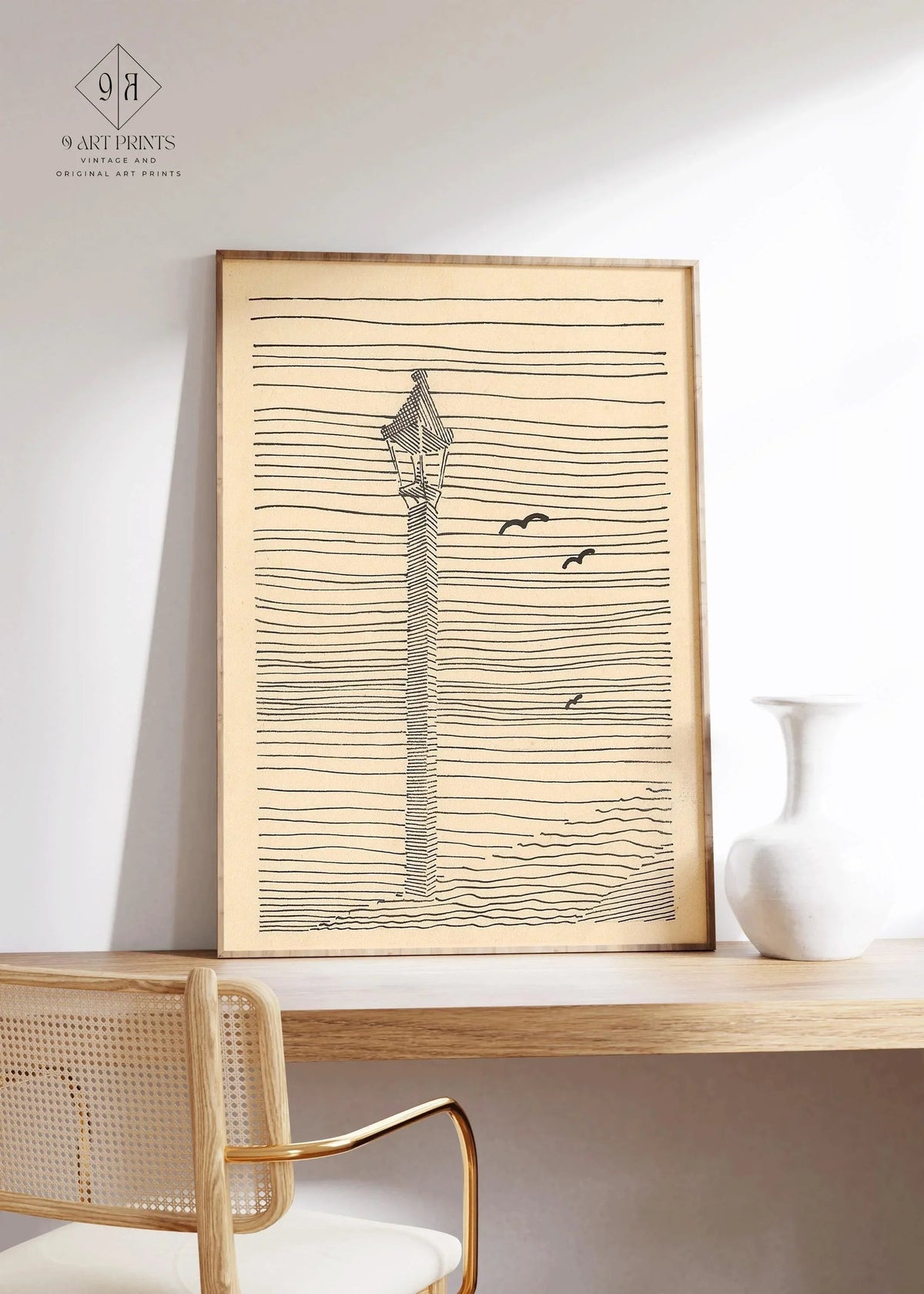 Karl Wiener - Lanterne et trois oiseaux | Art esquissé minimaliste beige (disponible encadré à la main ou non encadré)