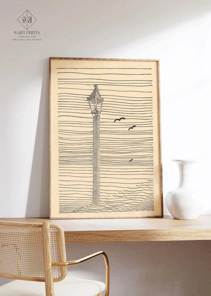 Karl Wiener - Lanterne et trois oiseaux | Art esquissé minimaliste beige (disponible encadré à la main ou non encadré)