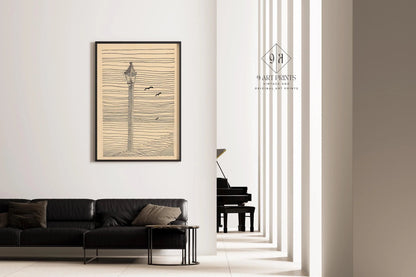 Karl Wiener - Lanterne et trois oiseaux | Art esquissé minimaliste beige (disponible encadré à la main ou non encadré)