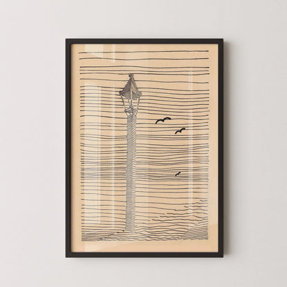 Karl Wiener - Lanterne et trois oiseaux | Art esquissé minimaliste beige (disponible encadré à la main ou non encadré)