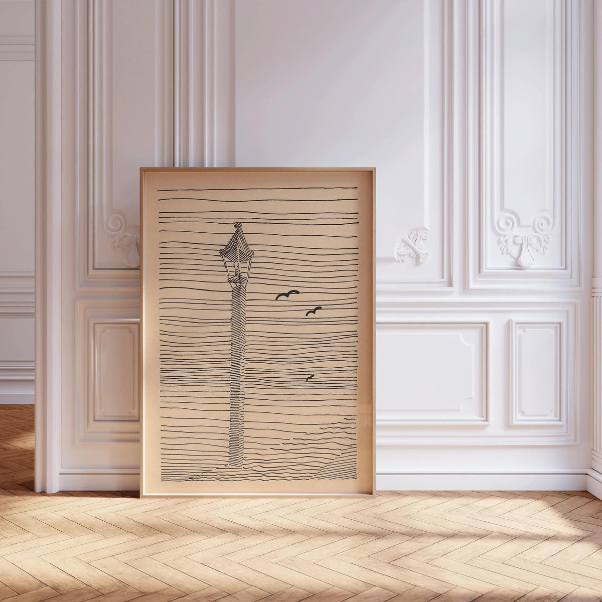 Karl Wiener - Lanterne et trois oiseaux | Art esquissé minimaliste beige (disponible encadré à la main ou non encadré)