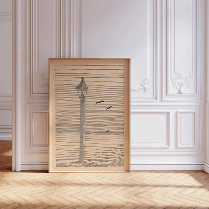 Karl Wiener - Lanterne et trois oiseaux | Art esquissé minimaliste beige (disponible encadré à la main ou non encadré)
