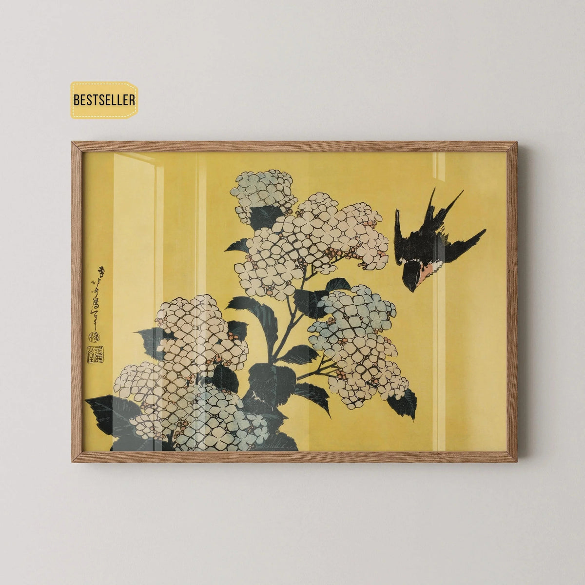 Hokusai Hydrangeas and Swallow Print: Japanese Vintage Art