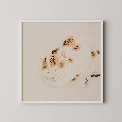Kawanabe Kyosai - Chat Endormi | | ESTAMPE | Art animalier japonais vintage sur bois (disponible encadré à la main ou sans cadre) 1x1