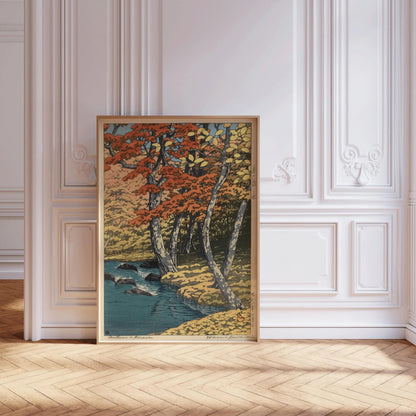 Kawase Hasui Autumn Forest Print: Japanese Woodcut Art, Tranquil Stream