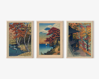 Ensemble d'estampes japonaises de paysages d'automne de Kawase Hasui : Lac Chuzenji et cascades de Furukoda