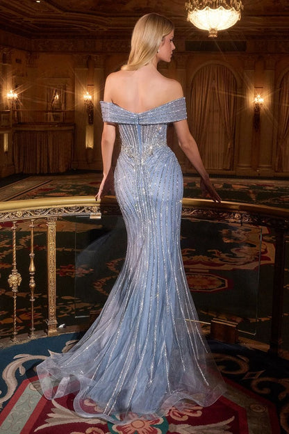 Off the shoulder neckline & linear beaded motif