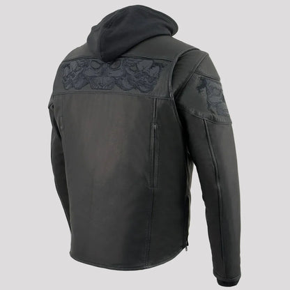 Milwaukee Leather Men's Crossover Scooter Jacket w/ Reflective Skulls & Full Sleeve Removable Hoodie