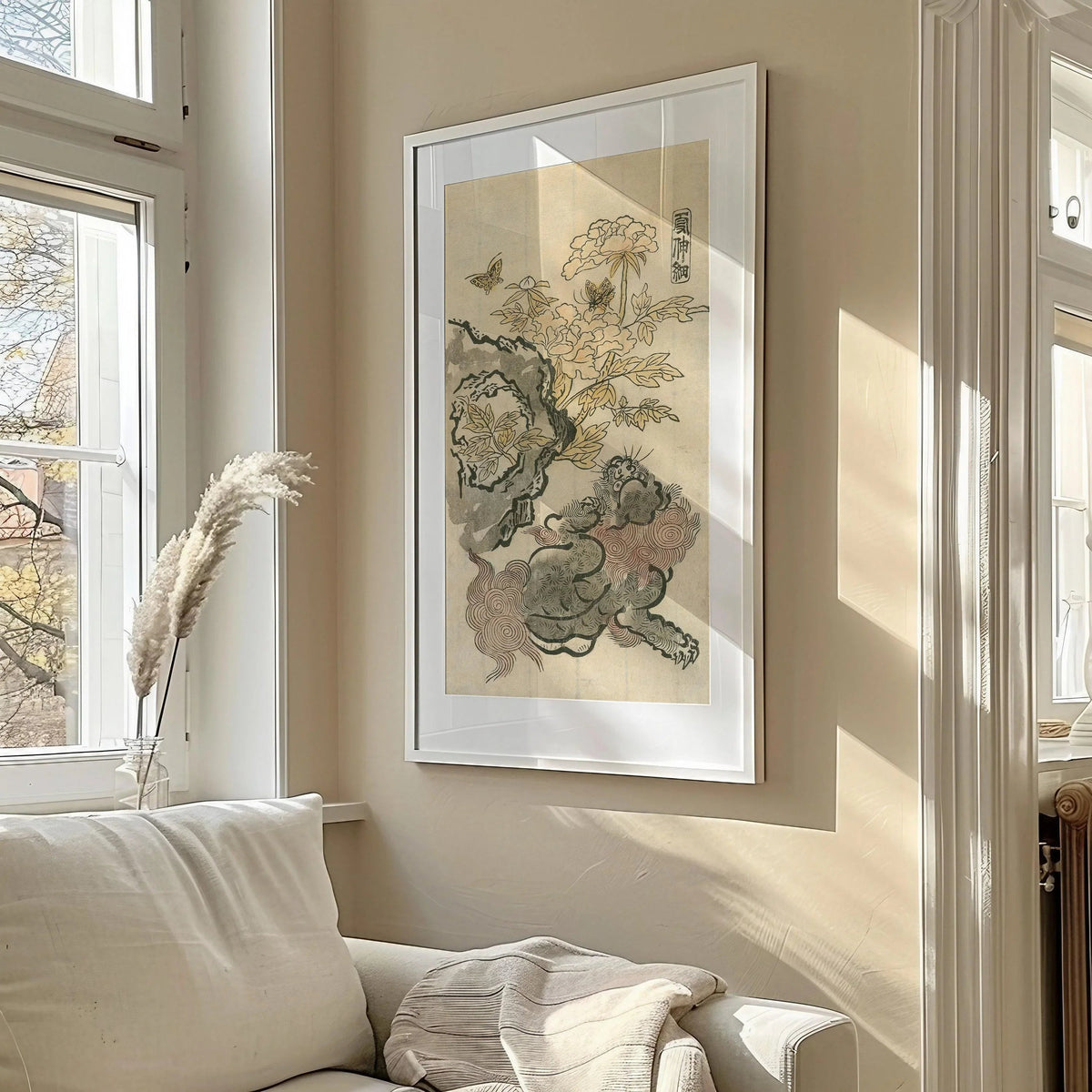 Chinese Lion & Peonies Giclee Print: Vintage Japanese Art