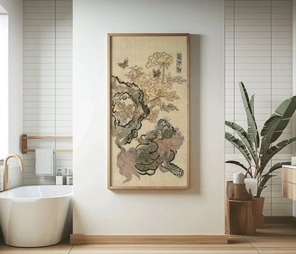 Chinese Lion & Peonies Giclee Print: Vintage Japanese Art