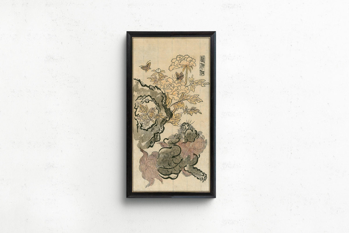 Chinese Lion & Peonies Giclee Print: Vintage Japanese Art