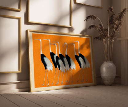 Ogata Korin Cranes Print: Vintage Japanese Art, Orange Remix