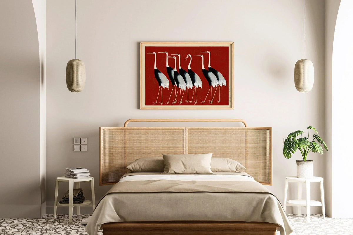 Estampe de grues Ogata Korin en rouge : Giclée d'art japonais vintage