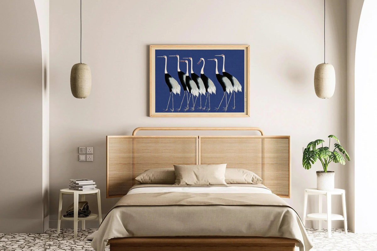 Estampe Grue d'Ogata Korin : Art japonais sur bois, Version bleue
