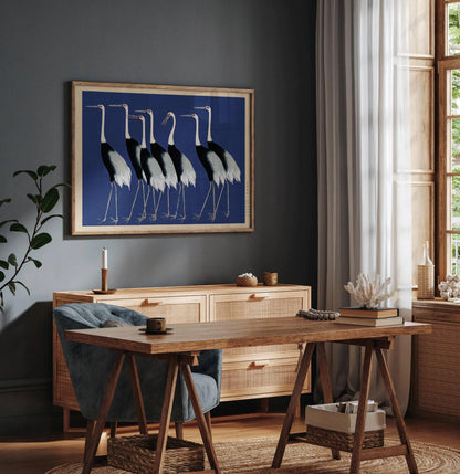 Estampe Grue d'Ogata Korin : Art japonais sur bois, Version bleue