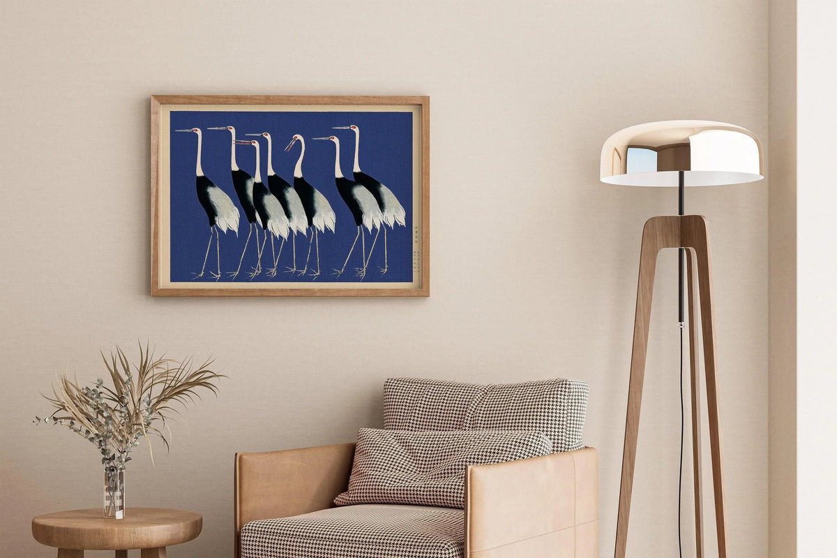 Estampe Grue d'Ogata Korin : Art japonais sur bois, Version bleue