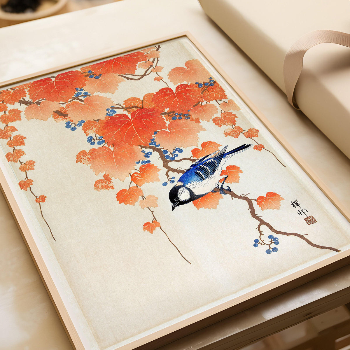 Ohara Koson - Great Tit on Paulownia Branch | PRINT | Vintage Orange Blue Japanese Shin-Hanga Kach≈ç-E Art (available framed)