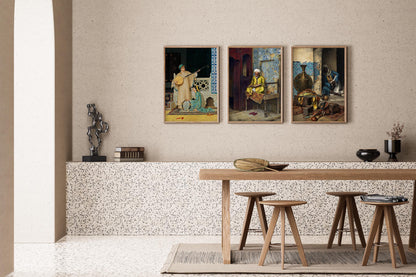 Élégance Orientaliste : Trio d'Œuvres d'Art à Fort Impact Présentant Musiciens, Érudits et Motifs Riches – Décoration Murale Intemporelle Disponible encadrée