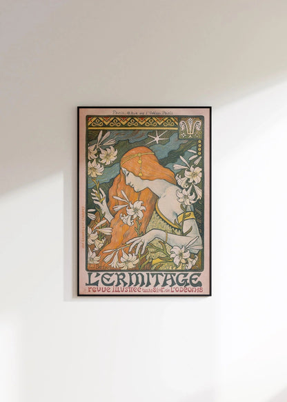 Paul Berthon - Gravure Art Nouveau L'Ermitage : Lignes Fluides & Lys