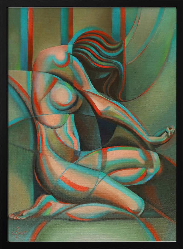 Anaglyphical Roundism Canvas Wall Art | 3D Anaglyph Effect Cubist Nude in Teal & Red | 3 Sizes & Available Finishes
