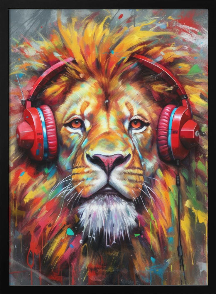 Colourful Lion Wearing Red Headphones Canvas Wall Art | Lion With Headphones animal
