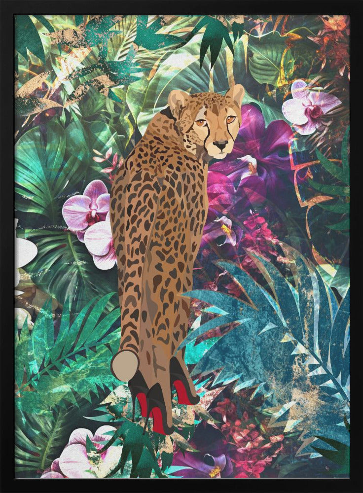 Cheetah in Red Heels Tropical Collage Canvas Wall Art | Tropical Floral Jungle - Cheetah in heels