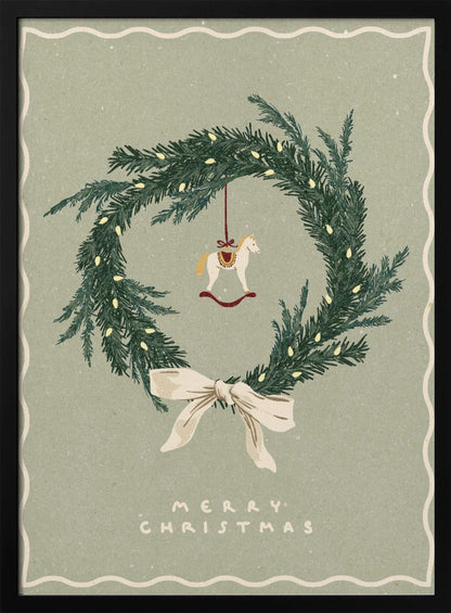 Wall art Horses Toy on Christmas wreath with bow Canvas Print