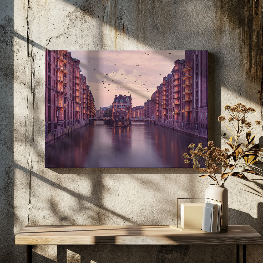 Warm Toned Warehouse Canal Cityscape Canvas Wall Art | City of Warehouses
