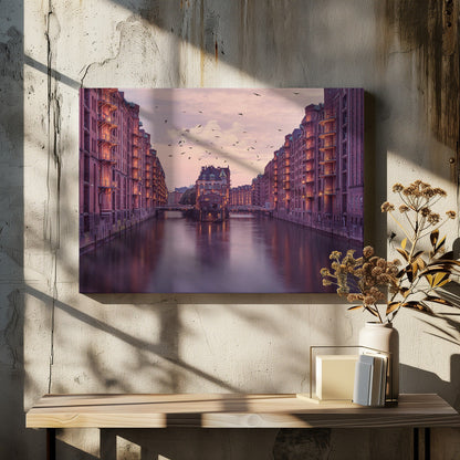 Warm Toned Warehouse Canal Cityscape Canvas Wall Art | City of Warehouses