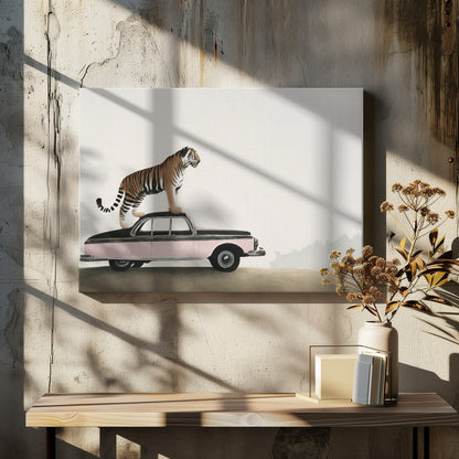 Tiger Standing on a Vintage Car Canvas Wall Art | Tiger on a car roof