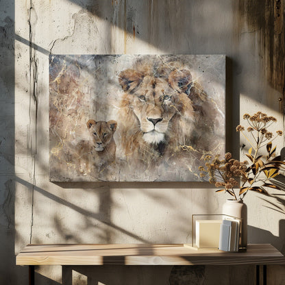 Lion and Cub in Soft Neutral Texture Canvas Wall Art | Lion Animal Vintage Art Illustration Wallart 08
