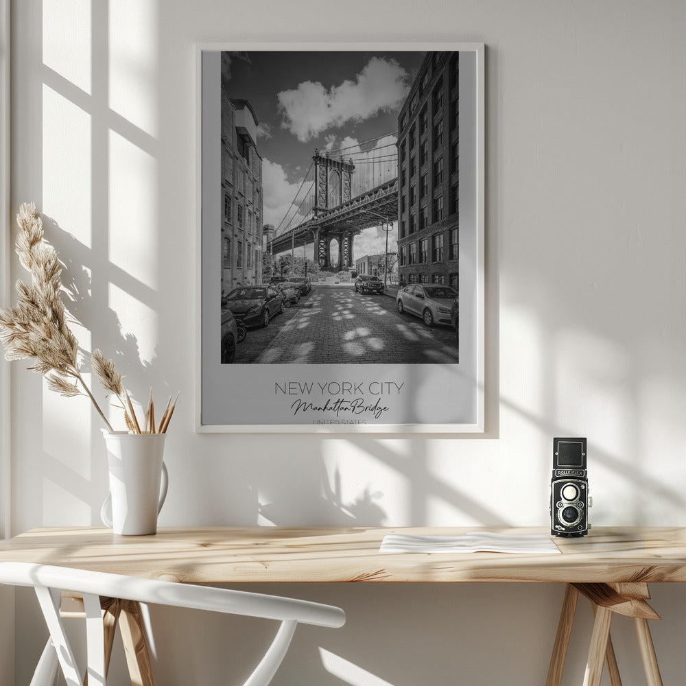 Black and White Manhattan Bridge Street View Canvas Wall Art | NEW YORK CITY Manhattan Bridge