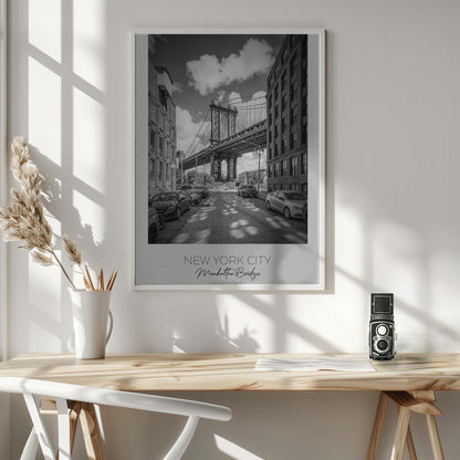 Black and White Manhattan Bridge Street View Canvas Wall Art | NEW YORK CITY Manhattan Bridge