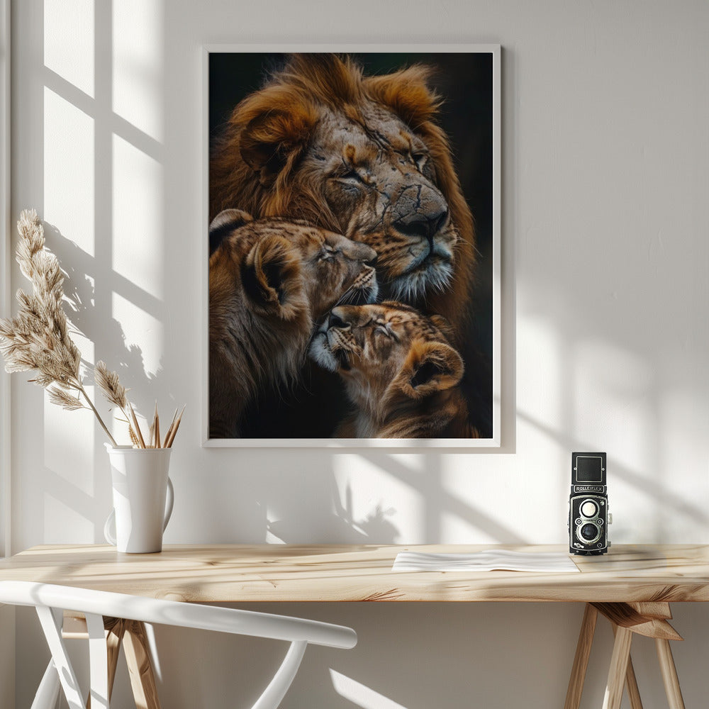 Warm Toned Lion Family Portrait Canvas Wall Art | Poster Lion Family 2