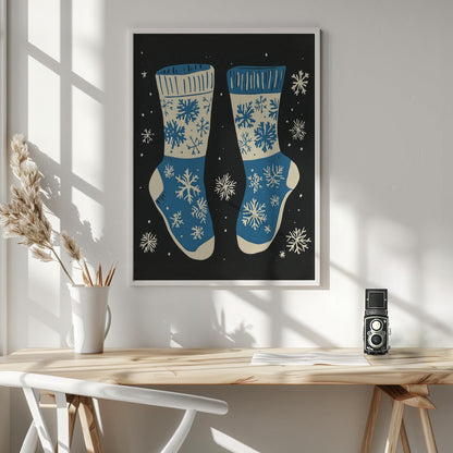 Wall art Vintage Socks Knittwear Blue On Black Canvas Print