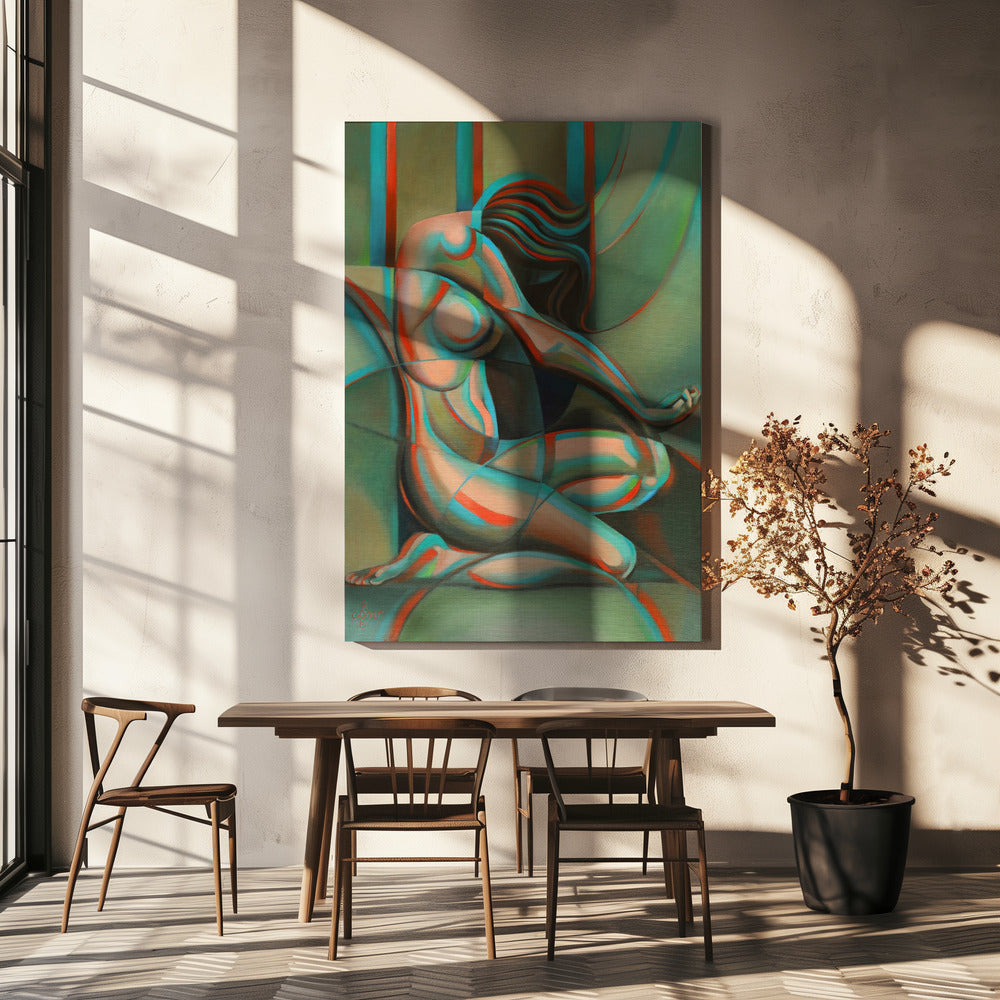 Anaglyphical Roundism Canvas Wall Art | 3D Anaglyph Effect Cubist Nude in Teal & Red | 3 Sizes & Available Finishes