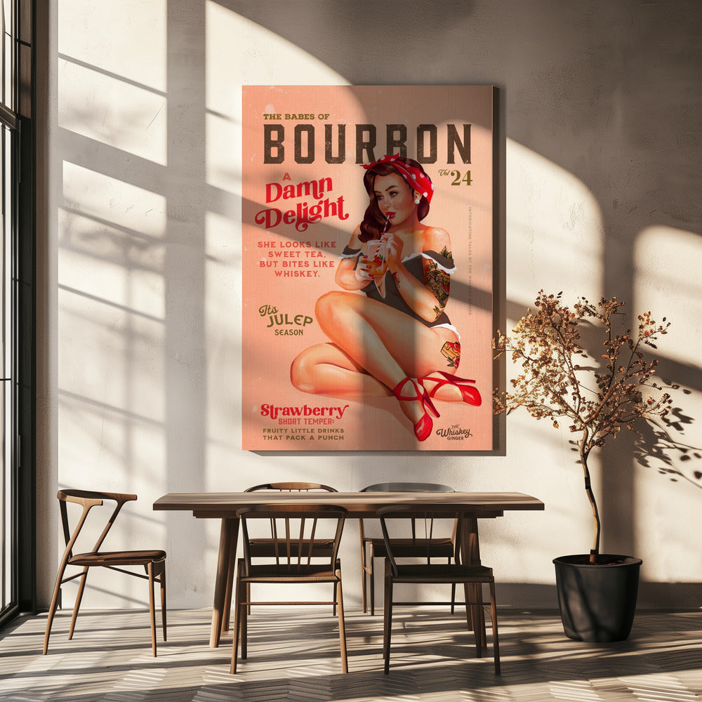 Vintage Cocktail Pinup in Red and Cream Canvas Wall Art | Babes of Bourbon Vol 22 Vintage Pinup Girl Drinking A Cocktail