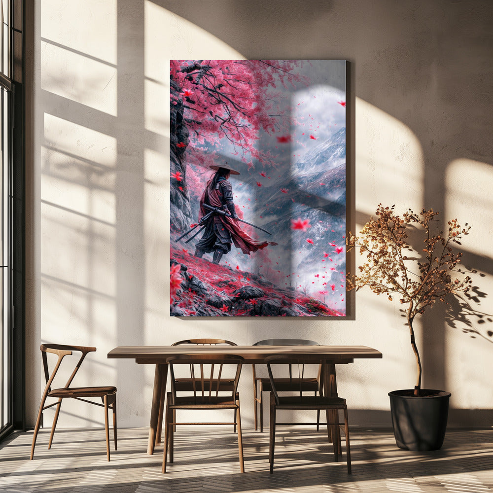 Samurai beneath Pink Blossom Trees Canvas Wall Art